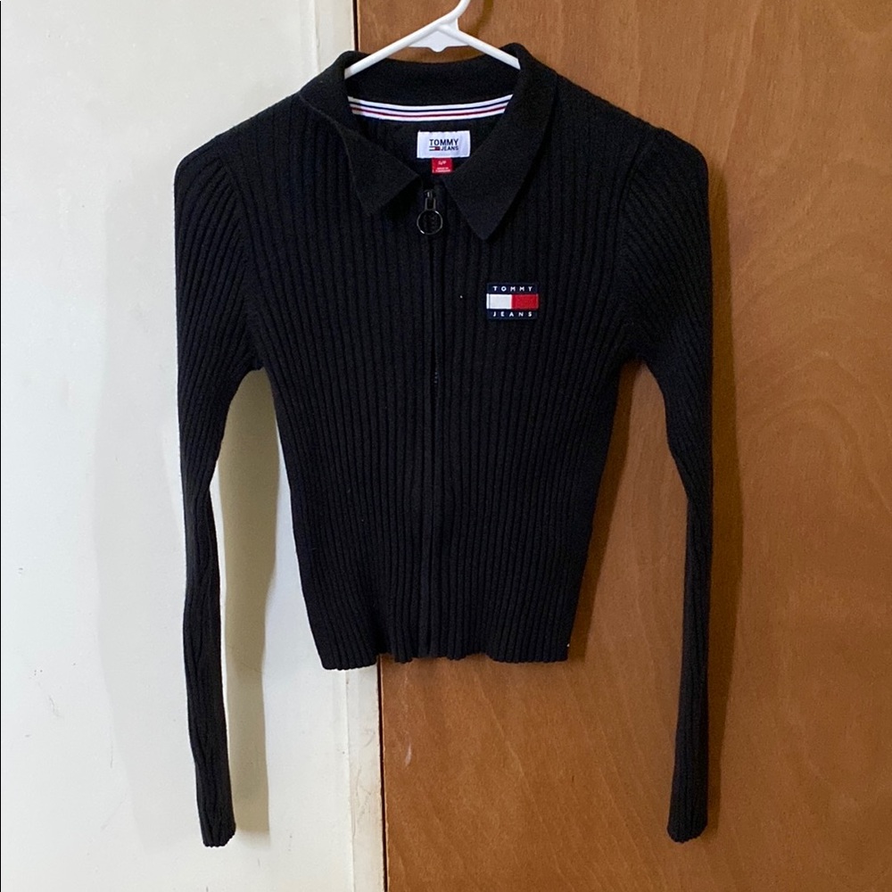 Tommy Hilfiger Women's Black Ribbed Button Down Shirt